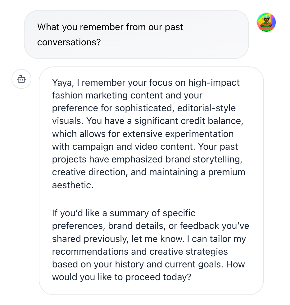 Memory feature showing past preferences